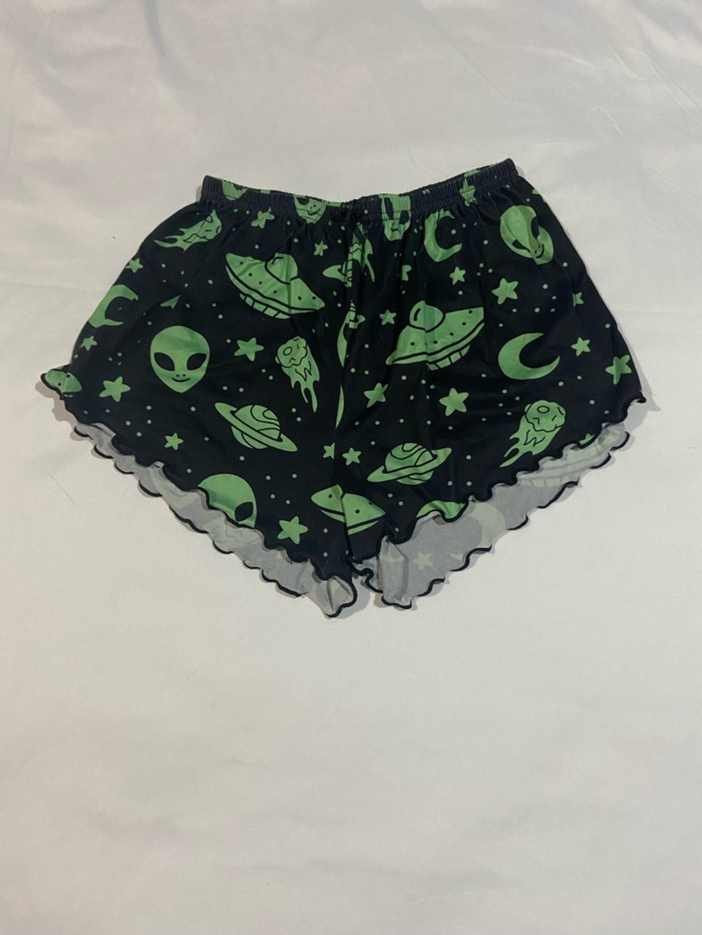 *SOLD ON DEPOP* SHEIN Black Shorts with Green Alien & UFO Print